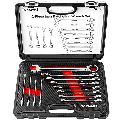 TOMMARS SAE Ratcheting Wrench Set, 1/4" - 7/8", 12-Pc Head Ratchet Combination Combo Socket Wrenches, Cr-V Steel