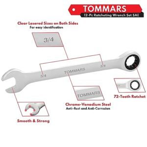 TOMMARS SAE Ratcheting Wrench Set, 1/4" - 7/8", 12-Pc Head Ratchet Combination Combo Socket Wrenches, Cr-V Steel