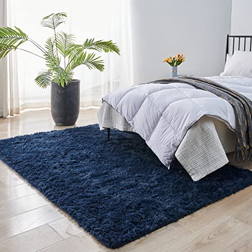 ANVARUG 3x5 Feet Small Area Rug, Upgrade Anti-Skid Durable Rectangular Cozy Rug, High Pile Shag Carpet Rugs for Indoor Home Decorative, Navy Blue