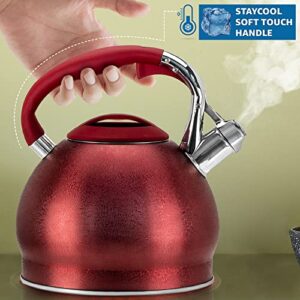 PriorityChef Tea Kettle For Stovetop, Soft Touch RapidCool Handle, Won't Rust Food Safe Stainless Steel Teapot Body, Whistling Tea Pot Compatible with All Stove Tops, Red