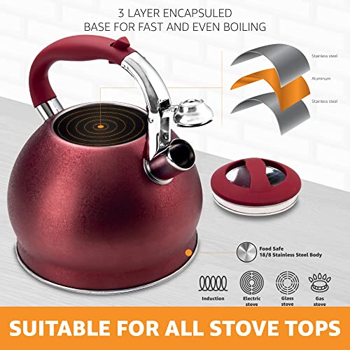 PriorityChef Tea Kettle For Stovetop, Soft Touch RapidCool Handle, Won't Rust Food Safe Stainless Steel Teapot Body, Whistling Tea Pot Compatible with All Stove Tops, Red