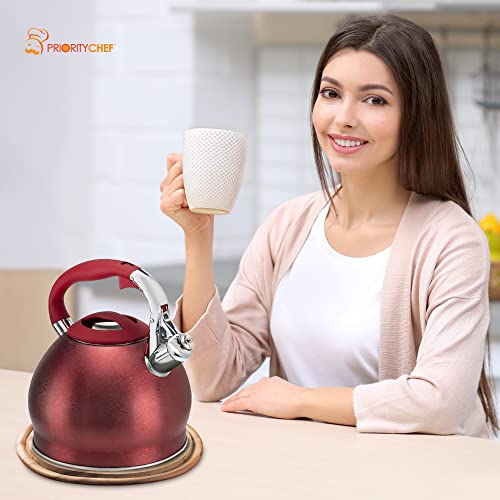 PriorityChef Tea Kettle For Stovetop, Soft Touch RapidCool Handle, Won't Rust Food Safe Stainless Steel Teapot Body, Whistling Tea Pot Compatible with All Stove Tops, Red