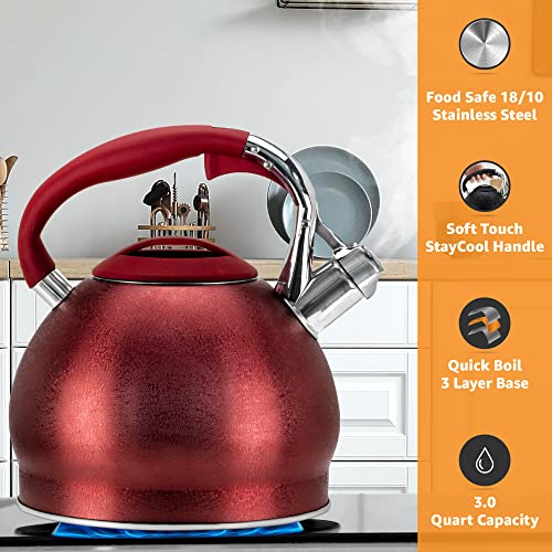 PriorityChef Tea Kettle For Stovetop, Soft Touch RapidCool Handle, Won't Rust Food Safe Stainless Steel Teapot Body, Whistling Tea Pot Compatible with All Stove Tops, Red