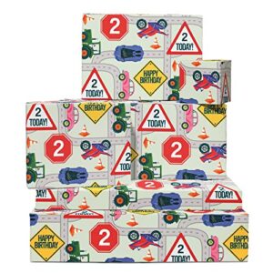 central 23 colorful wrapping paper for kids - 6 sheets of gift wrap with tags - age two - 2nd birthday wrapping paper for boys - car tractor motorcycle - cones road signs - son grandson
