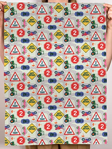 CENTRAL 23 Colorful Wrapping Paper for Kids - 6 Sheets of Gift Wrap with Tags - Age Two - 2nd Birthday Wrapping Paper for Boys - Car Tractor Motorcycle - Cones Road Signs - Son Grandson