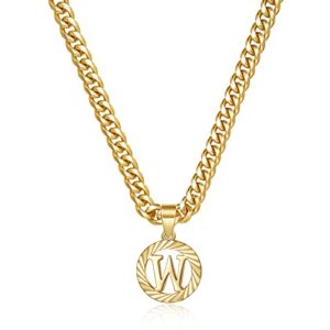 KissYan Gold Initial Necklace,14K Gold Plated Round Letter Pendant Hollow Capital Monogram 5mm Cuban Chain Necklace Alhpabets from A-Z Dainty Jewelry for Women Men Girls(Letter W)