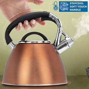 PriorityChef Tea Pot For Stove Top, Soft Touch RapidCool Handle, Whistling Tea Kettle for Stovetop, Food Safe Stainless Steel Body Won't Rust, 2.5 Qrt Teapot Copper