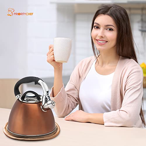 PriorityChef Tea Pot For Stove Top, Soft Touch RapidCool Handle, Whistling Tea Kettle for Stovetop, Food Safe Stainless Steel Body Won't Rust, 2.5 Qrt Teapot Copper