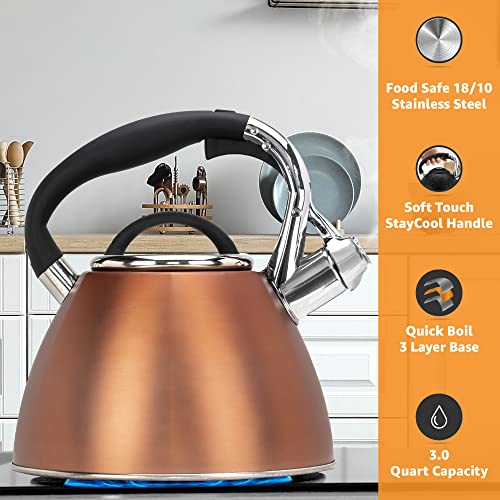 PriorityChef Tea Pot For Stove Top, Soft Touch RapidCool Handle, Whistling Tea Kettle for Stovetop, Food Safe Stainless Steel Body Won't Rust, 2.5 Qrt Teapot Copper