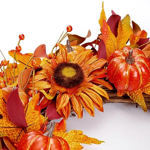 Sggvecsy Fall Wreath 22’’ Autumn Front Door Wreath Harvest Wreath with Pumpkin Sunflower Berry Maple Leaves Fall Decorations for Outside Indoor Wall Window Festival Thanksgiving Fall Autumn Decor