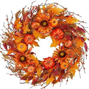 sggvecsy fall wreath 22’’ autumn front door wreath harvest wreath with pumpkin sunflower berry maple leaves fall decorations for outside indoor wall window festival thanksgiving fall autumn decor