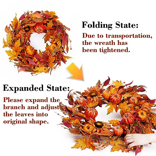 Sggvecsy Fall Wreath 22’’ Autumn Front Door Wreath Harvest Wreath with Pumpkin Sunflower Berry Maple Leaves Fall Decorations for Outside Indoor Wall Window Festival Thanksgiving Fall Autumn Decor