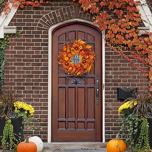 Sggvecsy Fall Wreath 22’’ Autumn Front Door Wreath Harvest Wreath with Pumpkin Sunflower Berry Maple Leaves Fall Decorations for Outside Indoor Wall Window Festival Thanksgiving Fall Autumn Decor