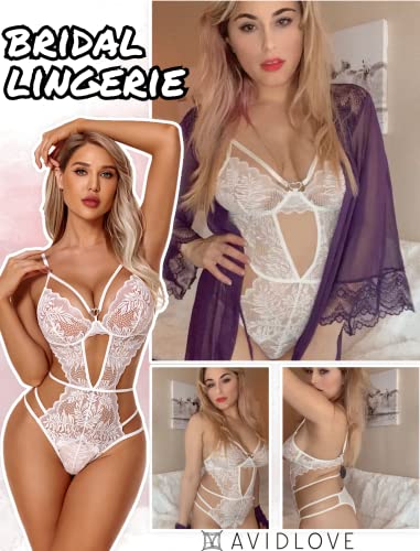 Avidlove Lingerie for Women Sexy Naughty White Lingerie Bridal Lingerie Teddy Deep V Sexy Lace Bodysuit L