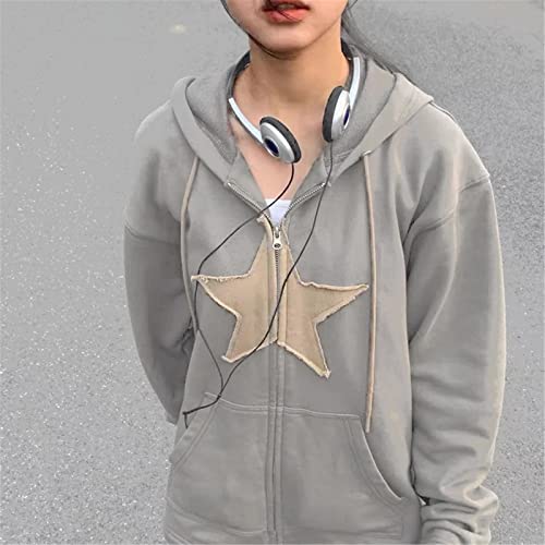 XSHYE Women Grunge Zip Up Hoodies Gothic Punk Long Sleeve Printed Hooded Jackets Y2k 90s Streetwear Oversized Sweatshirts(Star Gray,X-Large)