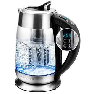 ovente electric glass kettle hot water boiler 1.8 liter bpa free - 1500w w/stainless steel infuser, set temperature control, auto shut off, portable fast instant heater for coffee & tea - kg661s