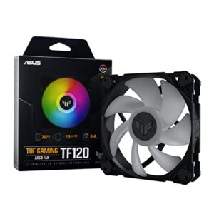 asus tuf gaming tf120 argb chassis fan 3-pin customizable leds blade, advanced fluid dynamic bearing, 120mm pwm control, double-layer led array for computer case & liquid radiator, black