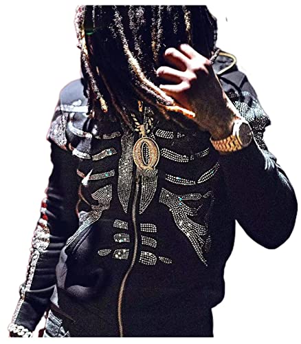 Creaion Rhinestone Y2k Full Zip Up Hoodie over Face Rib-Cage Skull Skeleton Jacket Oversized Hip Hop Streetwear Hoodies for Men Women