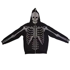 Creaion Rhinestone Y2k Full Zip Up Hoodie over Face Rib-Cage Skull Skeleton Jacket Oversized Hip Hop Streetwear Hoodies for Men Women