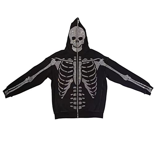 Creaion Rhinestone Y2k Full Zip Up Hoodie over Face Rib-Cage Skull Skeleton Jacket Oversized Hip Hop Streetwear Hoodies for Men Women