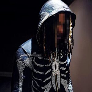 Creaion Rhinestone Y2k Full Zip Up Hoodie over Face Rib-Cage Skull Skeleton Jacket Oversized Hip Hop Streetwear Hoodies for Men Women