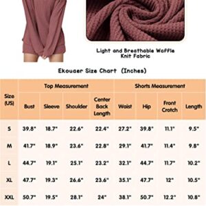 Ekouaer Womens Waffle Knit Long Sleeve Top and Shorts Loungewear Thick Pajama Set, A-rose Red, Large