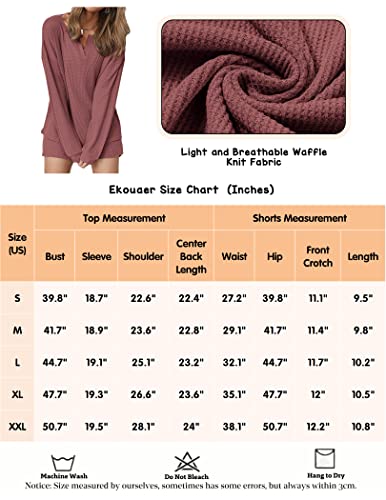 Ekouaer Womens Waffle Knit Long Sleeve Top and Shorts Loungewear Thick Pajama Set, A-rose Red, Large