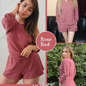 Ekouaer Womens Waffle Knit Long Sleeve Top and Shorts Loungewear Thick Pajama Set, A-rose Red, Large