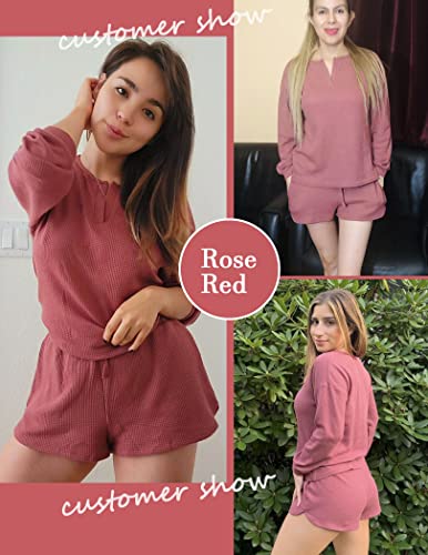 Ekouaer Womens Waffle Knit Long Sleeve Top and Shorts Loungewear Thick Pajama Set, A-rose Red, Large