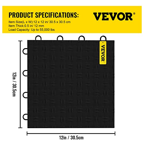 VEVOR Garage Tiles Interlocking, 12'' x 12'', 25 Pack, Black Garage Floor Covering Tiles, Non-Slip Diamond Plate Garage Flooring Tiles, Support up to 55,000 lbs for Basements, Gyms, Repair Shops