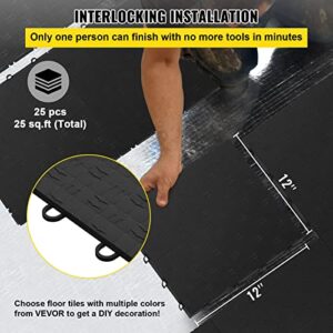 VEVOR Garage Tiles Interlocking, 12'' x 12'', 25 Pack, Black Garage Floor Covering Tiles, Non-Slip Diamond Plate Garage Flooring Tiles, Support up to 55,000 lbs for Basements, Gyms, Repair Shops