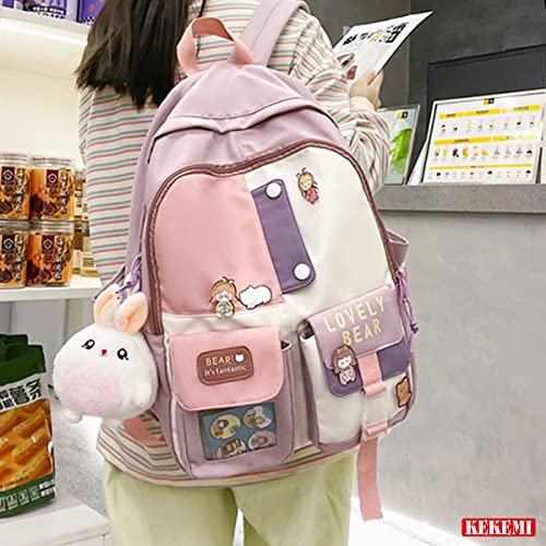 KEKEMI Kawaii Backpack for Girls Women Pin Bear Accessories College High School Bookbag Lightweight Casual Travel Laptop Bag
