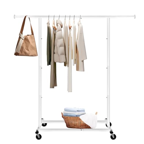 Fishat Freestanding Heavy Duty Metal Clothing Garment Rack Hanging Clothes on Lockable Wheels Mobile for Coats Dresses, Dorm Bedroom Home Balcony, Rolling Organizer Simple Standard Rod Portable, White