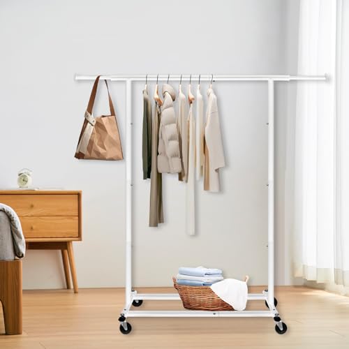 Fishat Freestanding Heavy Duty Metal Clothing Garment Rack Hanging Clothes on Lockable Wheels Mobile for Coats Dresses, Dorm Bedroom Home Balcony, Rolling Organizer Simple Standard Rod Portable, White