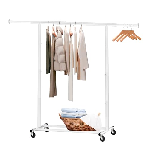 Fishat Freestanding Heavy Duty Metal Clothing Garment Rack Hanging Clothes on Lockable Wheels Mobile for Coats Dresses, Dorm Bedroom Home Balcony, Rolling Organizer Simple Standard Rod Portable, White