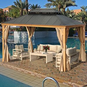 BPS 12' X 16' Hardtop Gazebo Outdoor Aluminum Wooden Grain Coated with Netting Curtain for Patio, Garden, Yard and Party