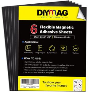 diymag magnetic adhesive sheets, |8" x 10"|, 6 pack magnetic sheets with adhesive backing, flexible magnet sheets for crafts, photos and die storage, easy peel and stick, easy to cut into any size