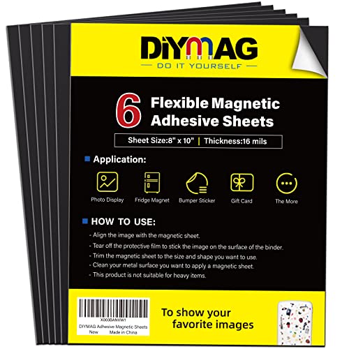 DIYMAG Magnetic Adhesive Sheets, |8" x 10"|, 6 Pack Magnetic Sheets with Adhesive Backing, Flexible Magnet Sheets for Crafts, Photos and Die Storage, Easy Peel and Stick, Easy to Cut into Any Size