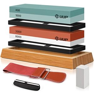 7PCS Knife Sharpening Stones, UUP Whetstone Sharpener Kit with Premium 4 Sides 400/1000 3000/8000 Grit Wet Stone Set, Leather Strop, Angle Guide, Flattening Stone for Kitchen Pocket Knives, Blade