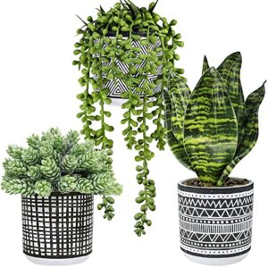winlyn 3 pcs small potted plants artificial succulents hanging plants and faux tropical snake plant in black geometric pots for modern home kitchen windowsill table shelf indoor outdoor greenery decor