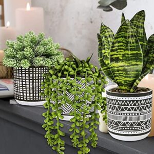 Winlyn 3 Pcs Small Potted Plants Artificial Succulents Hanging Plants and Faux Tropical Snake Plant in Black Geometric Pots for Modern Home Kitchen Windowsill Table Shelf Indoor Outdoor Greenery Decor