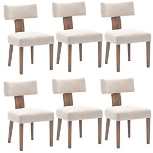 hny mid century modern dining chairs set of 6, farmhouse linen fabric upholstered accent chairs curved backrest kitchen chairs, with hardwood frame, beige, linen-beige