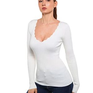 AmélieBoutik Women Scallop Trim V Neck Long Sleeve Ribbed Pullover Sweater (Ivory White Large)