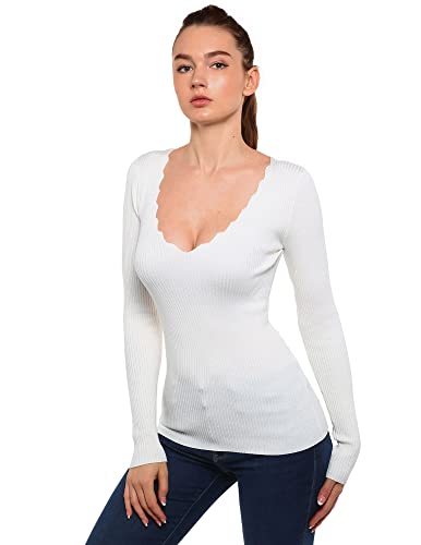 AmélieBoutik Women Scallop Trim V Neck Long Sleeve Ribbed Pullover Sweater (Ivory White Large)