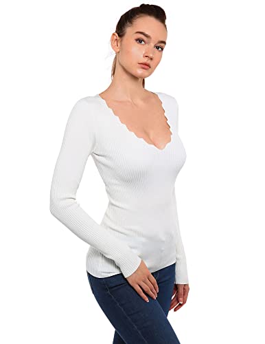 AmélieBoutik Women Scallop Trim V Neck Long Sleeve Ribbed Pullover Sweater (Ivory White Large)