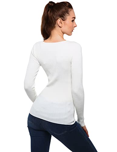 AmélieBoutik Women Scallop Trim V Neck Long Sleeve Ribbed Pullover Sweater (Ivory White Large)