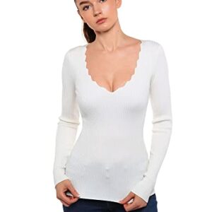 AmélieBoutik Women Scallop Trim V Neck Long Sleeve Ribbed Pullover Sweater (Ivory White Large)