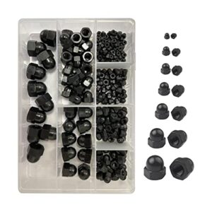 200pcs black nylon acorn nut, 7 sizes hex acorn cap nuts m3 m4 m5 m6 m8 m10 m12 nylon female thread bolt cover cap dome nuts for protecting hexagon shaped threads rods studs and bolts