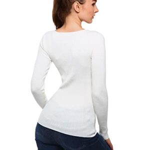 AmélieBoutik Women Scallop Trim V Neck Long Sleeve Ribbed Pullover Sweater (Ivory White Medium)