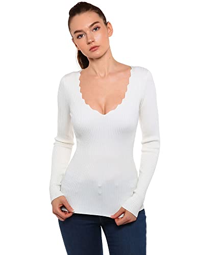 AmélieBoutik Women Scallop Trim V Neck Long Sleeve Ribbed Pullover Sweater (Ivory White Medium)